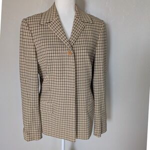 Vintage MK Emkay Plaid Blazer Beige Brown Check Wool Blend Size 46 Made in Italy